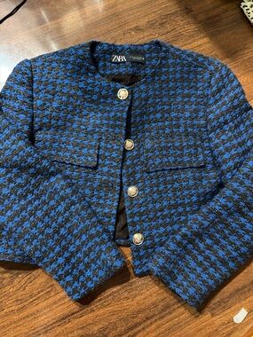 Zara Blue and Black Houndstooth Tweed Jacket with Decorative Buttons SIZE M
